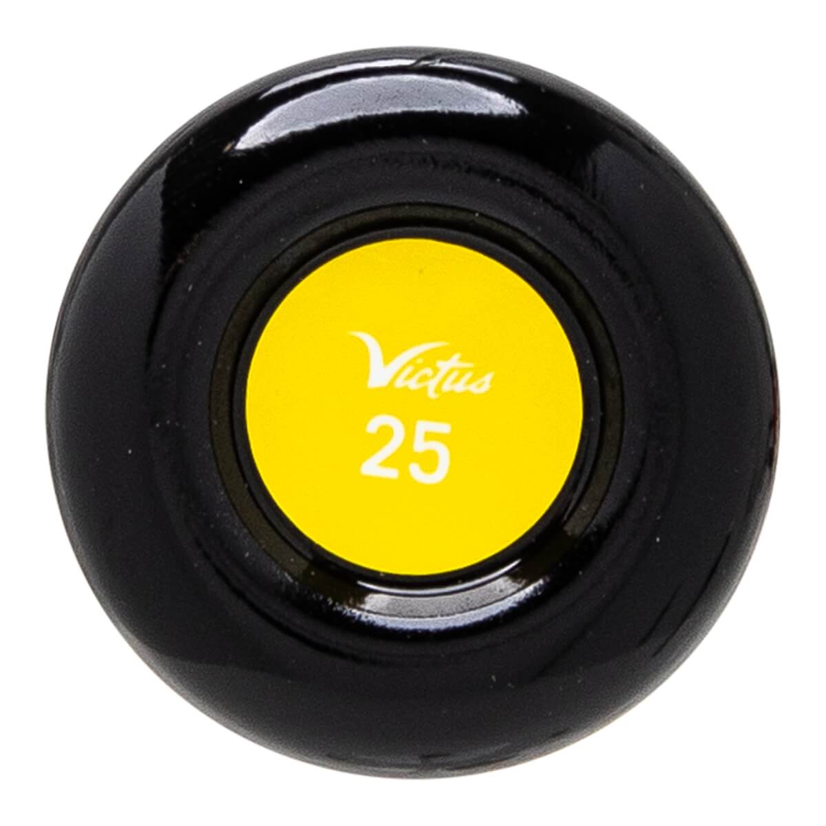 Top-down view of a black baseball bat end cap with a yellow circle featuring Victus and 25.