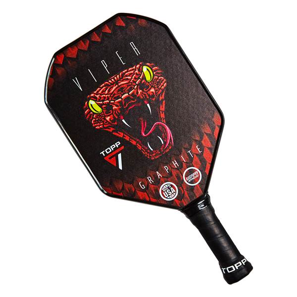 Front view of a black pickleball paddle with a red snake graphic, VIPER text, and USA and USAPA APPROVED logos.