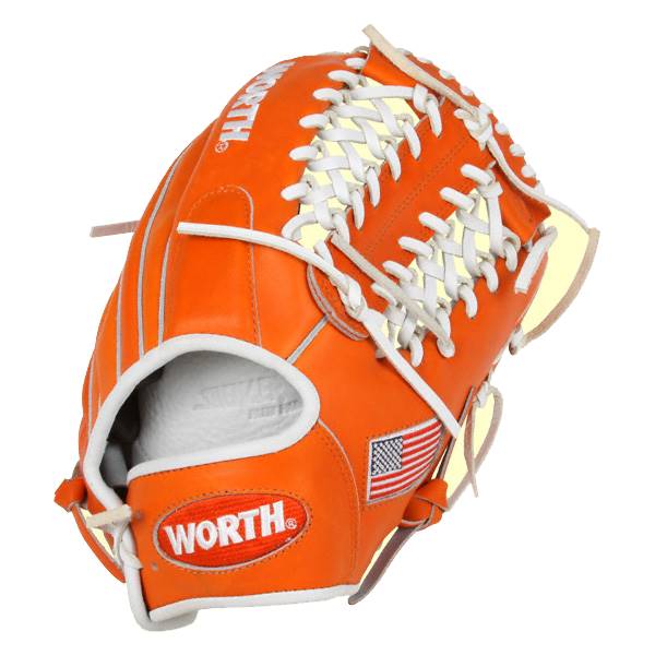 Corner view of an orange baseball glove with white lacing, a Worth logo, and an American flag patch.