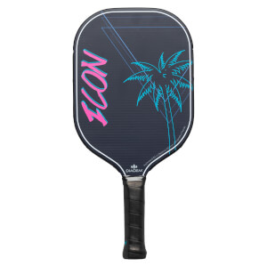 Front view of a dark grey pickleball paddle with pink ICON text and a blue palm tree graphic.