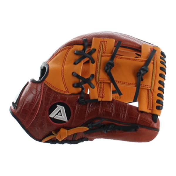 Side view of a brown baseball glove with a textured finish and a white triangle logo.