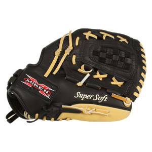 Side view of a black fastpitch glove with gold lacing and Super Soft text.