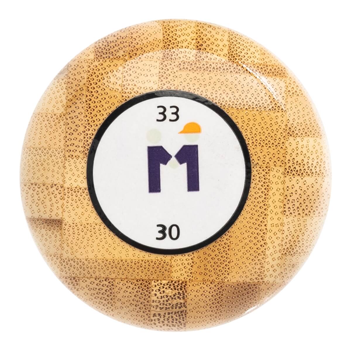 End view of a bamboo baseball bat with a white circle logo featuring M, 33, and 30.