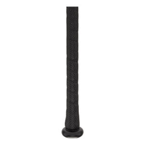 Close-up of a black baseball bat grip with a textured surface and a black end cap.