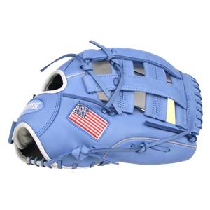 Side view of a Columbia blue baseball glove with an American flag patch and white lacing.