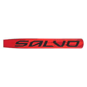 Side view of a red softball bat with black SALVO lettering and camouflage pattern.