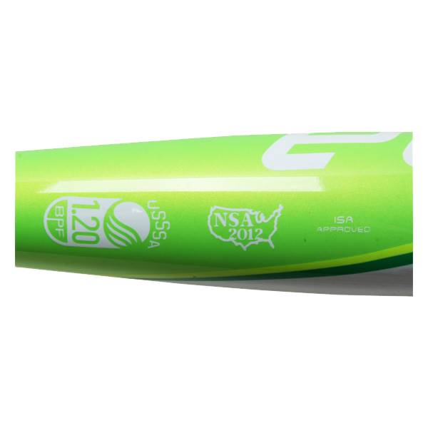 Side view of a green softball bat with BPF 1.20, USSSA, NSA 2012, and ISA APPROVED logos.