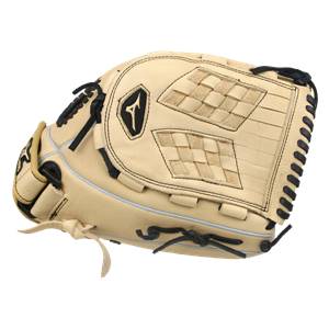 Side view of a tan fastpitch mitt with black lacing and a checkered web pattern.