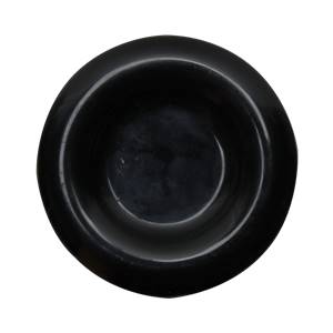 Top-down view of a black baseball bat end cap with a smooth, concave surface.