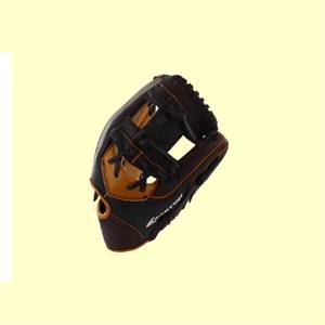 Side view of a black and tan baseball glove with orange stitching and Easton branding.