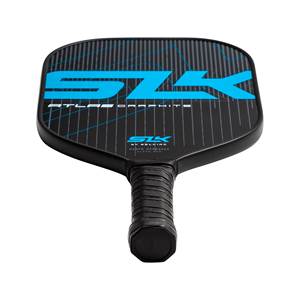 Top-down view of a black pickleball paddle with blue SKL and ATLAS GRAPHITE branding.