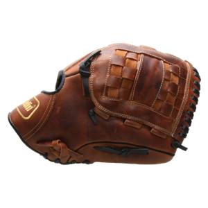 Side view of a brown leather baseball glove with a woven web and white stitching.