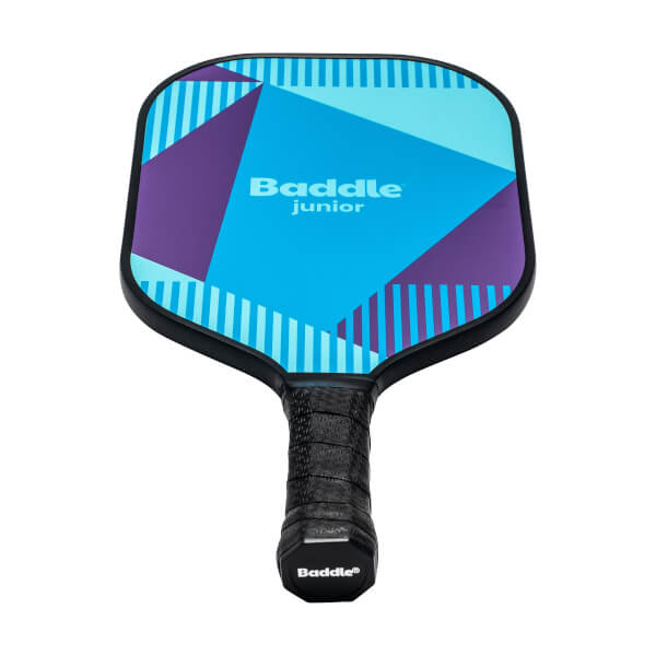 Front view of a blue and purple pickleball paddle with geometric patterns and Baddle junior text.