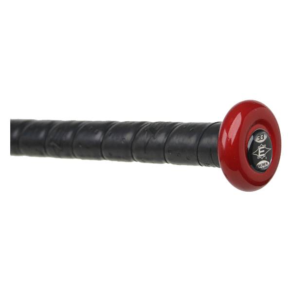 Side view of a black softball bat with a red end cap and Easton branding.