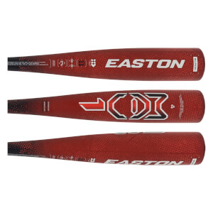 Three side views of a red and black baseball bat with EASTON branding, a large MAV1 graphic, and white dot pattern.