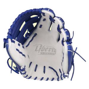 Front view of a royal blue and white baseball glove with Liberty ADVANCED embossed on the palm.