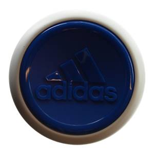 Top-down view of a white baseball bat end cap with a blue Adidas logo.