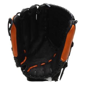 Front view of a black and orange baseball glove with orange stitching and Mizuno branding.