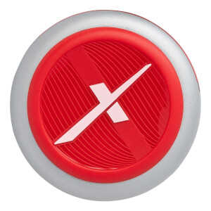 Top-down view of a silver baseball bat end cap with a red circular insert and a white X logo.
