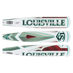 Composite view of a white, green, and red baseball bat with Louisville and Atlas branding, geometric patterns, and a red plaid design.