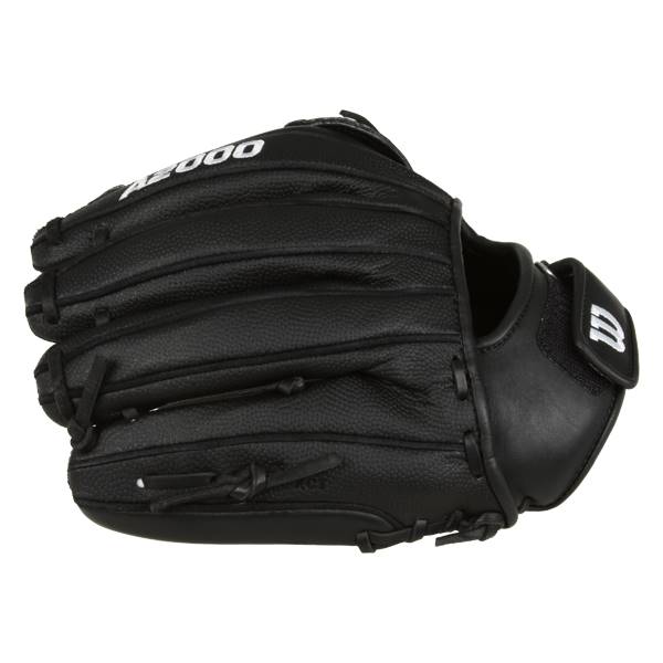 Side view of a black Wilson A2000 glove with white A2000 text and a white Wilson W logo.