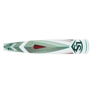 Side view of a white baseball bat with ATLAS text, an LS logo, and a geometric teal and red design.
