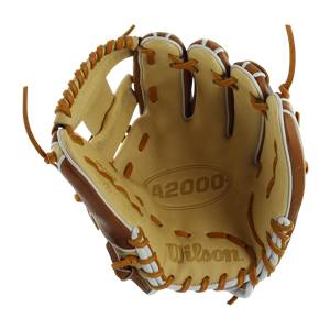 Top-down view of a tan and brown baseball glove with A2000 and Wilson branding.
