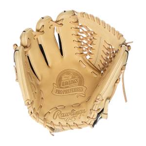 Front view of a tan baseball glove with Rawlings Pro Preferred branding and tan lacing.