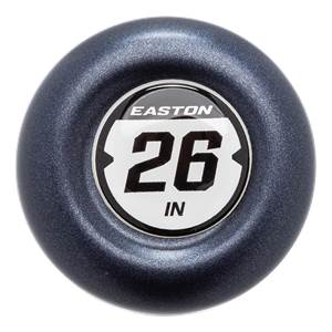End cap view of a navy blue baseball bat with EASTON and 26 IN branding.