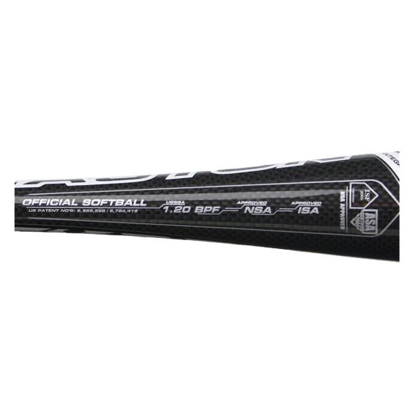 Side view of a black softball bat with OFFICIAL SOFTBALL and 1.20 BPF text.