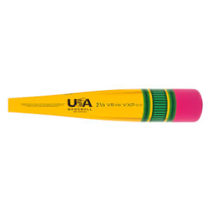 Side view of a yellow baseball bat with a pencil design, featuring green bands, a pink eraser-like end, and USA BASEBALL text.