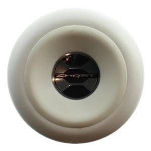 Top-down view of a white baseball bat end cap with a black GHOST logo.