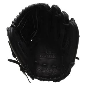 Top-down view of a black baseball glove with GAMER and Rawlings branding.