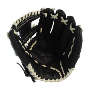 Inside view of a black baseball glove with white lacing and a Mizuno logo.