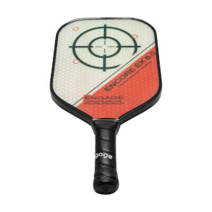 Front view of a white and orange pickleball paddle with a target design and ENCORE EX 6.0 text.