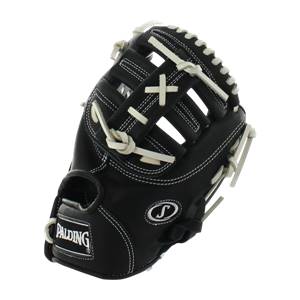 Front view of a black baseball glove with white stitching and a Spalding logo.