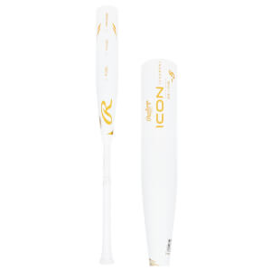 Side view of a white Rawlings Icon baseball bat with gold lettering and a gold Rawlings R logo.