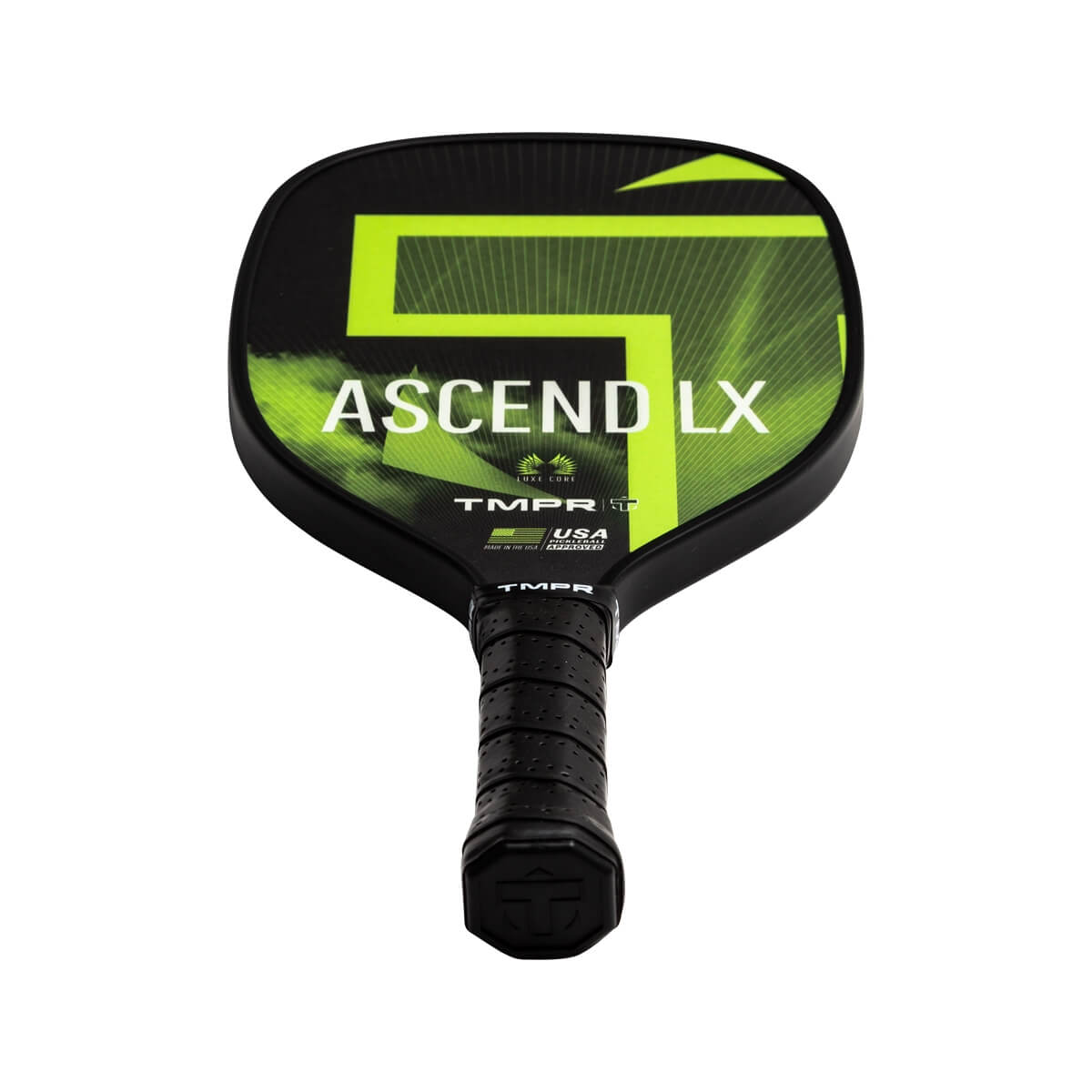 Front view of a black pickleball paddle with green Ascend LX branding and a textured grip.