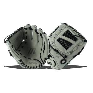 Top-down view of white and black Marucci gloves with m logos and marucci text.
