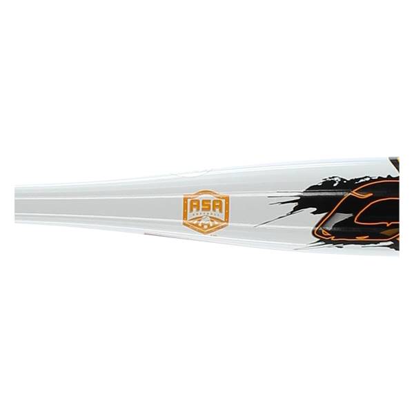 Side view of a white softball bat with an orange ASA logo and black graphic design.