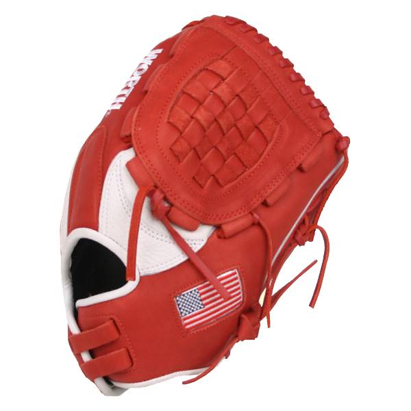 Side view of a red baseball glove with white accents and an American flag patch.