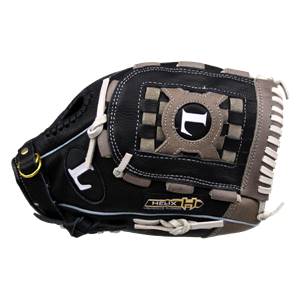 Side view of a black Louisville Slugger Helix Series baseball glove with a tan L logo and white lacing.