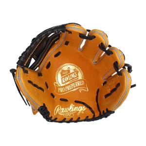 Front view of a tan baseball glove with Rawlings Pro Preferred branding and black lacing.