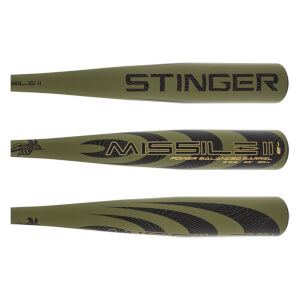 Top view of a green baseball bat with black STINGER text.