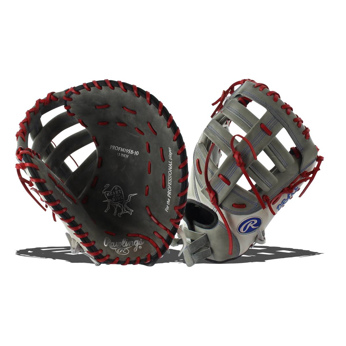 Two views of a gray Rawlings first base mitt with red lacing and PROFM19SB-10 text.