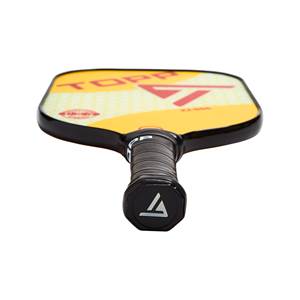 Top-down view of a yellow pickleball paddle with red accents and a black grip.