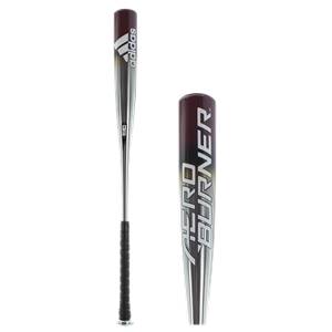 Side view of a red and silver baseball bat with Adidas logo and AERO BURNER text.