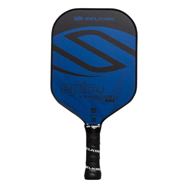 Front view of a blue and black pickleball paddle with Selkirk, epic, and Vanguard 2.0 text.