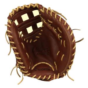 Top-down view of a brown catchers mitt with tan lacing and a woven pocket.