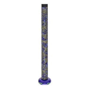 Side view of a dark blue fastpitch softball bat grip with a yellow geometric pattern and a solid purple knob.